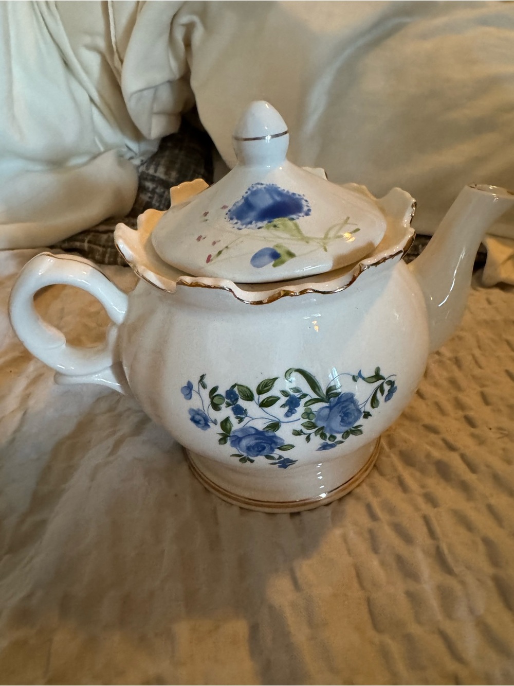 Blue Floral Porcelain Teapot with Gold Trim - Brand: